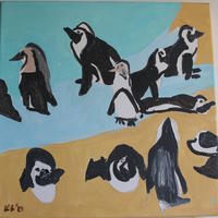 Penguins, acrylic on canvas, a stylised picture of the penguins in their enclosure.