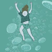 Illustration of a girl jumping into sea full of jellyfish