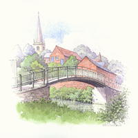 A pen and watercolour painting of the footbridge over the Great Ouse in Buckingham.