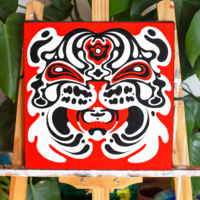 Red, black and white psychedelic tiger head, on a medium sized square canvas.