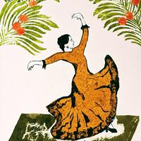 Monotype, original print, chine colle, flamenco, Laurie Lee