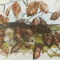 Brown Beech Leaves over Grangelands mixed media drawing by Emma J Williams