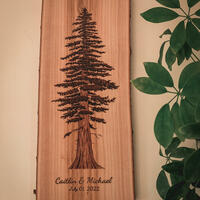 Wood burned redwood tree on cherry with names and date