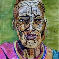 There was a photo of an old African man's face. I used an A3 sized paper. i used a pencil to draw the outlines, I used Wet Wipe Pens for the shadows and water colours for the objects.