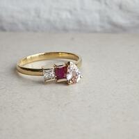 Upcycled gold wedding ring with morganite, ruby and moissanite stones