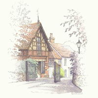 The entrance to the grounds of Buckingham parish church, pen and watercolour.