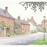 Along Main Street in Gawcott, pen and watercolour.