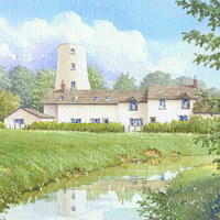 Pilling Mill in the Fylde of Lancashire in pen and watercolour.
