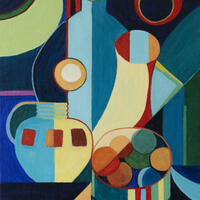 an abstracted still life showing an interplay of colours and shapes