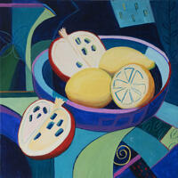 An abstracted still life showing an interplay of colours and shapes