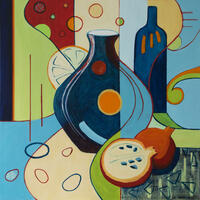 An abstracted still life showing an interplay of colours, shape and line