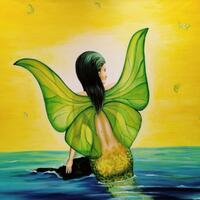 Euphoria,   Inspired by snorkelling it’s the Artist's state of mind for natural existence in water, land & air, not bound by the human body.The mermaid is out of the waters, opens her wings, ready to fly! A change of form from one to the other, to experience Euphoria! 