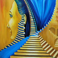 Flying Staircases,  This imbibes the mystery of Pharaohs and pyramids. With the staircases merging and taking the viewer into and around the woman whose tresses / hair are staircases that lead the viewer into the painting, with an urge to know more. I have used optical illusion here, which tricks the eye to perceive it differently from how it would actually look. 
