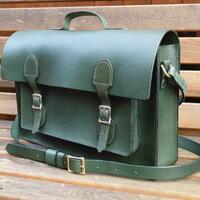 Green leather hand stitched satchel bag