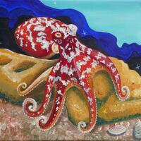 "Cleverness". Curled Octopus. Acrylic on stretched canvas, 40 cm x 30 cm