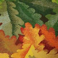 Tapestry of a pile of leaves of different colours, representing spring (top), summer (second top), autumn (third from top) and winter (bottom).