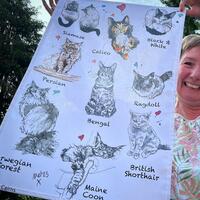 Artist with tea towel featuring cat drawings