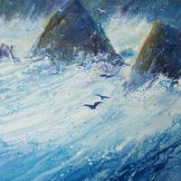 Rough Sea, Dark Rocks and Seagulls Skimming the Waves for tea. Acrylic on canvas. 50 x 50 cm