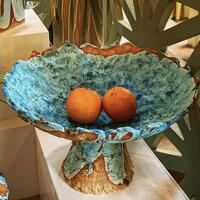 platter on foot, stoneware, dry blue glaze