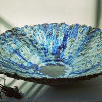 platter, stoneware, blue glazes, blue glass