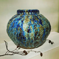 moonjar, stoneware, blue glazes, glass
