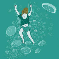 Illustration by Sarah Beak - girl diving into a sea of jellyfish