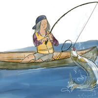 Children's book illustration by Sarah Beak - boy fishing in a canoe, catching a trout