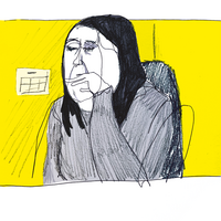 Illustration by Sarah Beak - line drawn portrait of woman with yellow background
