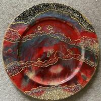 Round upcycled tray for a wall art, abstract, resin, crushed glass, glass beads