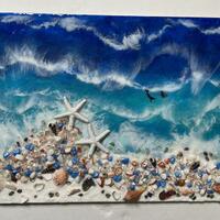 Ocean wave resin wall art, real sand, pebbles, seashells, star fish, 3D art work