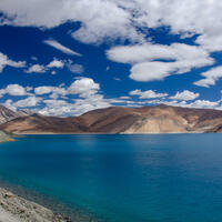 Turquoise Waters of Pangong Lake, Ladakh region, India. This is the highest salt water lake in the world located in the Ladakh region in The Himalayas.