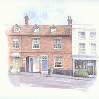 Bringing home the bacon on Castle Street, Buckingham.  Pen and watercolour.