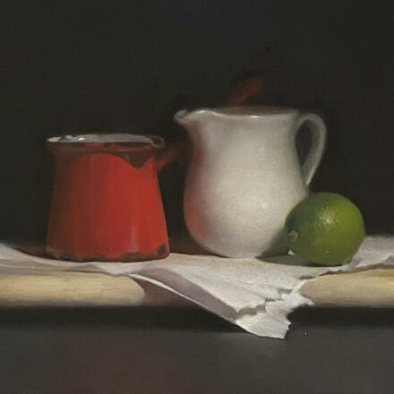 Still life oil painting. Tenebrist. Lime and jugs on paper and board.