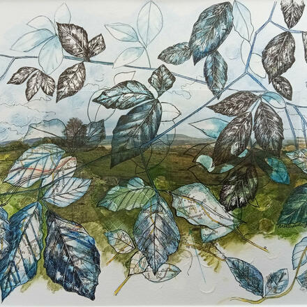 Blue Beech Leaves Over Brush Hill. Mixed media drawing by Emma J Williams