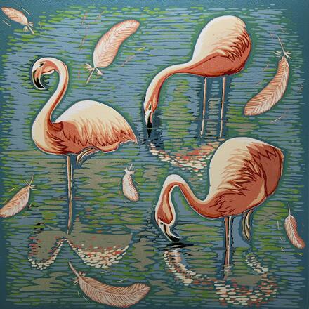Marian Carter Flamingo Trio Reduction Linocut