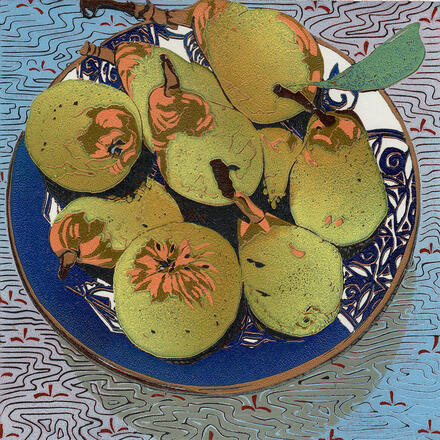 Lino print of a decorative bowl with golden pears in it.