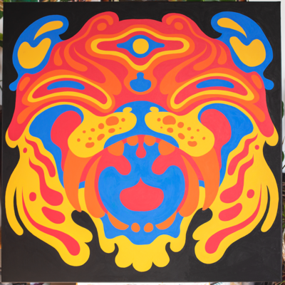 A bright psychedelic tiger head painting on a 1Mx1M, canvas using acrylic.