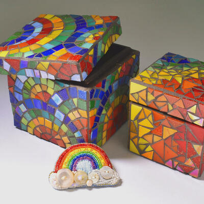 Rainbow Mosaic Boxes and Brooch