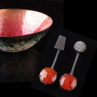 enamelled copper bowl and carnelian earrings