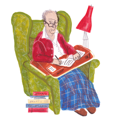Gouache and pencil illustration of Roald Dahl by Elly Bazigos. Roald Dahl is sitting in an armchair with a lap desk, writing.