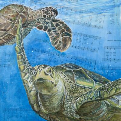 Photo of a painting of two turtles ... one pointing in each direction. They are on a background of the national anthem of Antigua and Barbuda. Which is painted in blue for underwater with air bubbles appearing. 