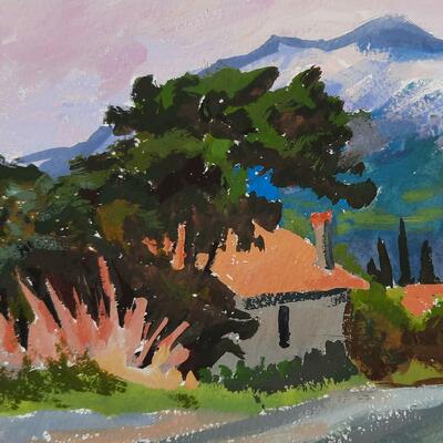 landscape painting, mountain village