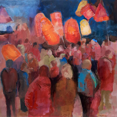 Acrylic painting of people with Christmas lanterns in oranges, blues and pinks