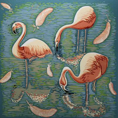 Marian Carter Flamingo Trio Reduction Linocut