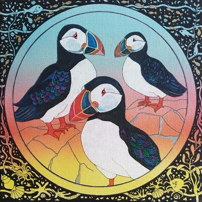 Puffins mixed media