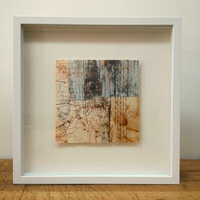 Sea Beam. Textile artwork: paper lamination, rusted and dyed cloth, hand stitch.