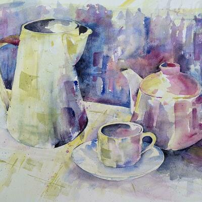 'Anyone for Tea!' Original watercolour semi-abstract cup and saucer, teapot, jug, vibrant purples, blues, greens, yellows also prints, cards, mugs and coasters available  