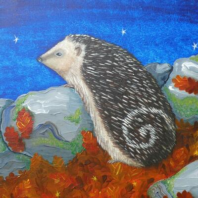 "Busy Nights". Hedgehog. Acrylic on stretched canvas, 30 cm x 40 cm