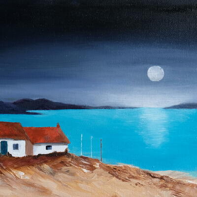 Cottages by the Lake in moonlight