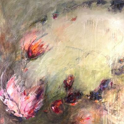 Embrace, 122x122cm Acrylic- on display at the Hayden Gallery, Marlow.
